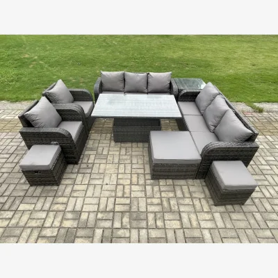 The Range Fimous PE Rattan Outdoor Garden Sofa Set with Height-Adjustable Rising Table. - Dark Grey