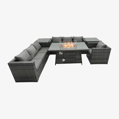 The Range Fimous Rattan Garden Firepit 7-Seater Dining and Lounge Set with 2 Side Tables - Dark grey mixed rattan with dark grey fabric