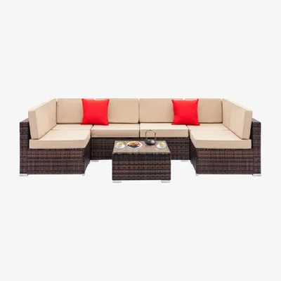 The Range 6 Seat Garden Rattan Furniture Set with Coffee Table - Brown