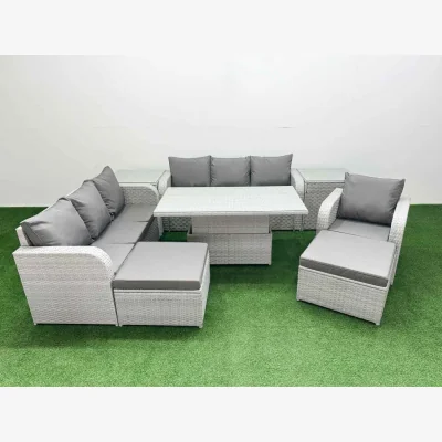 The Range Fimous 9-Seater PE Rattan Garden Sofa Set with Adjustable Lift Table & Reclining Chairs Light Grey. - Light grey rattan with dark grey fabric