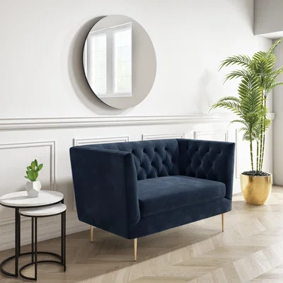 Furniture123 Navy Velvet Armchair Loveseat with Button Detail- Celeste