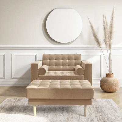 Furniture123 Mid Century Quilted Beige Velvet Loveseat with Matching Footstool - Elba