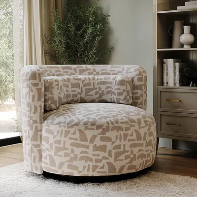 Furniture123 Beige Jacquard Patterned Fabric Swivel Love Seat - Elara