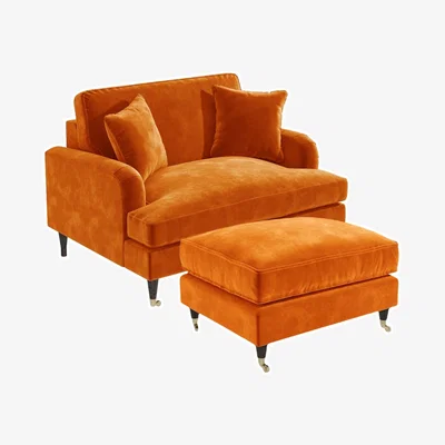 Furniture123 Orange Velvet Loveseat and Footstool - Payton