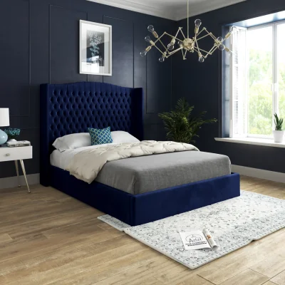 The Range Snuggler Curved Top Winged Soft Velvet Upholstered Bed Frame - Blue