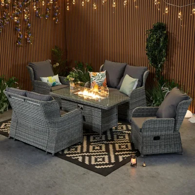 The Range Rattan Garden Furniture with Fire Pit Table Recliner Chair Loveseat - Grey