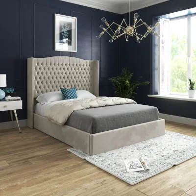 The Range Snuggler Curved Top Winged Soft Velvet Upholstered Bed Frame - Cream / King