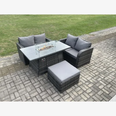 The Range Fimous 4-Piece Rattan Garden Furniture Set with Gas Fire Pit Table, Loveseat Sofas and Footstool. - Dark Grey