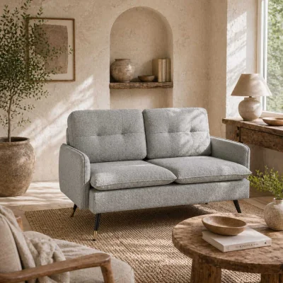 The Range Grey Button-Tufted 2-Seater Loveseat with Cushions and Steel Legs