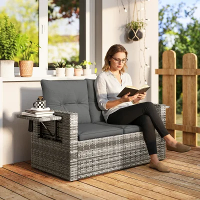 The Range Outsunny Rattan Garden Sofa Loveseat with Side Trays - Dark Grey