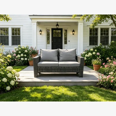 The Range High Back Rattan 2 Seater Loveseat Sofa Patio Thick Cushion - Dark Grey Mixed