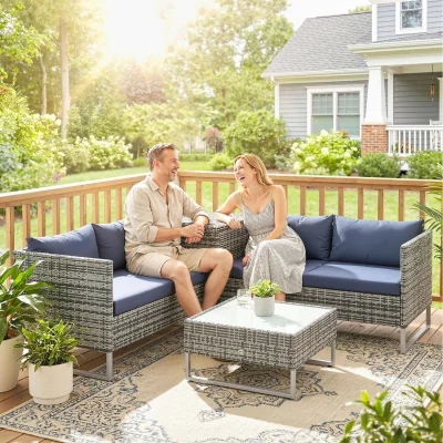 The Range Outsunny 4 Piece Rattan Wicker Sofa Loveseat - Dark Blue