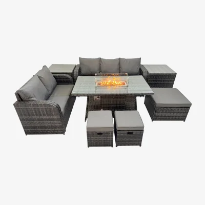 The Range Fimous Outdoor Rattan Furniture Set with Gas Fire Pit Table, Love Seat, 3-Seater & Footstools. - Dark Grey Mixed