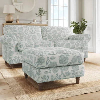 Dunelm Flori Footstool, Floral Print Fabric Floral Ashley Blue