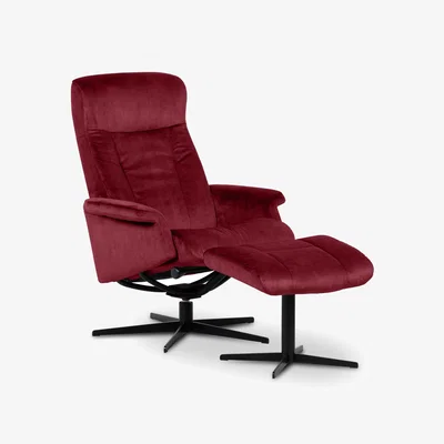 Furniture Village Bergen Medium Fabric Swivel Chair and Footstool with Black Base - Burgundy