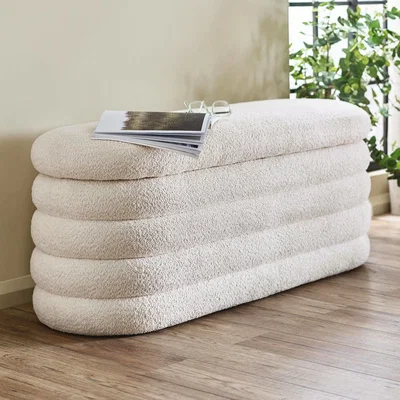 Happy Beds Hailey - Ottoman Storage Bench - Ivory - Boucle Fabric - Happy Beds