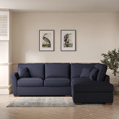 La Redoute Florence Textured Woven Corner Sofa & Modular Footstool Set with Dark Brown Wood Legs (Right Facing)