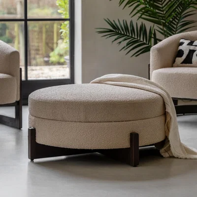 La Redoute Cerron Round Boucle Storage Footstool with Dark Wood Legs