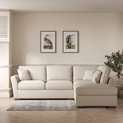 La Redoute Florence Textured Woven Corner Sofa & Modular Footstool Set with Dark Brown Wood Legs (Right Facing)