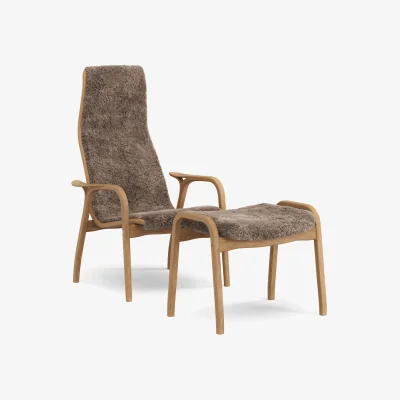Nordic Nest Swedese Lamino armchair and footstool Sheepskin Sahara-oiled oak