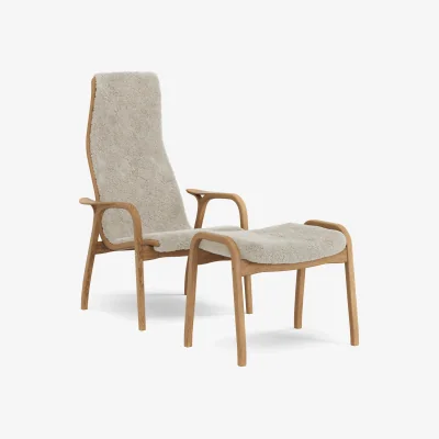Nordic Nest Swedese Lamino armchair and footstool Sheepskin Moonlight-oiled oak