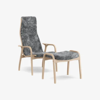 Nordic Nest Swedese Lamino armchair and footstool Sheepskin Scandinavian grey-laquered beech