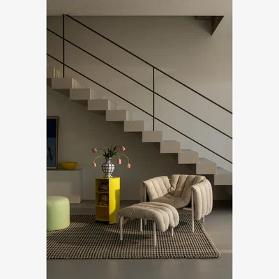 Nordic Nest Hem Puffy lounge chair + ottoman Sawdust-stainless steel