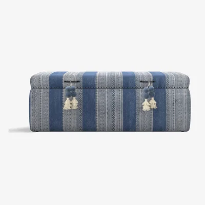 OKA OKA, Palayam Upholstered Ottoman - Blue, Ottomans, Brass/Cotton/Mango Wood, Aztec/Geometric/Striped