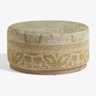 OKA OKA, Rosarch Upholstered Ottoman - Sage, Ottomans, Mango Wood, Abstract