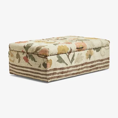OKA OKA, Pomona Upholstered Ottoman - Blossom, Ottomans, Brass/Jute/Mango Wood, Floral
