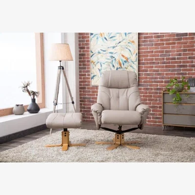 Downtown Compton Chair and Footstool Set - Plush Pebble Leather In Beige
