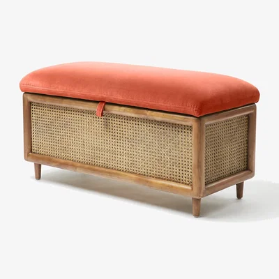 Oliver Bonas Loha Coral Orange Velvet & Rattan Ottoman