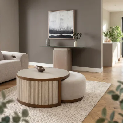 Quatropi Modern Shagreen Round Nesting Coffee Table & Footstool Set Cream 92cm