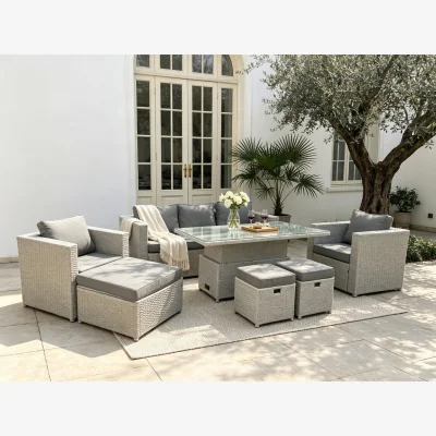 The Range Rattan Garden Funiture Set 2 Chairs Big And Small Footstool - Light Grey Mixed