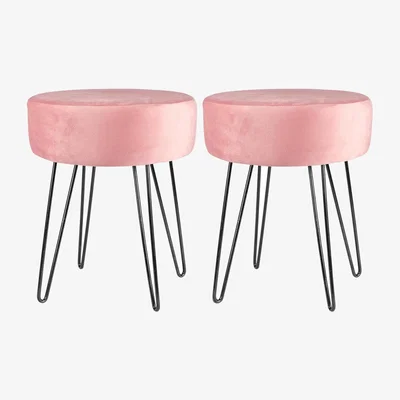 The Range 2x Round Velvet Footstools - Black Hairpin Legs - Pink