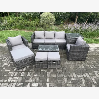 The Range Fimous Rattan Lounge Set with Sofa, Coffee Table & Footstools - Dark Grey