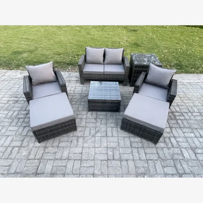 The Range Fimous Rattan Patio Set: 2-Seater Sofa, 2 Armchairs, 2 Footstools, Square Table - Dark grey mixed rattan with dark grey fabric