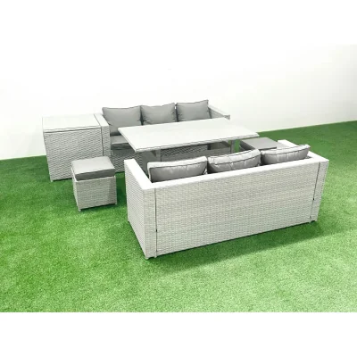 The Range Fimous Rattan Garden Furniture Set 8 Seater with Dining Table and 2 Footstools Light Grey Mixed - Light grey mixed rattan with dark grey fabric