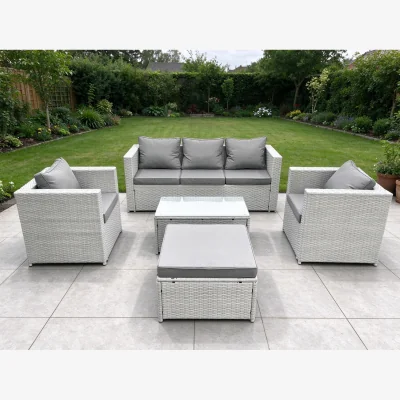 The Range 6-Seater Rattan Garden Furniture Set – 3-Seater Sofa 2 Armchairs Footstool & Rectangular Table