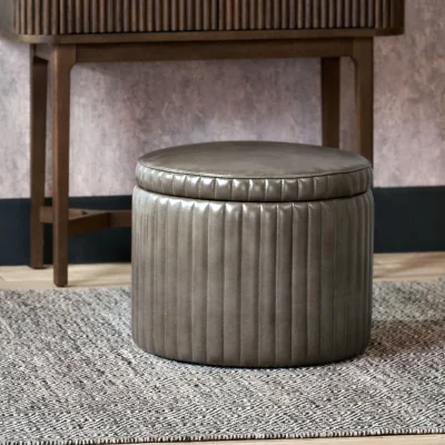 The Range Ribbed Leather Round Storage Pouffe - Dark Brown - Dark Brown