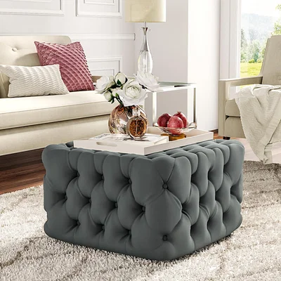 The Range Tufted Velvet Footstool with Button Detail - Grey