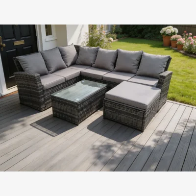 The Range 7 Seater Rattan Garden Furniture Set Coffee Table Footstool - Dark Grey Mixed
