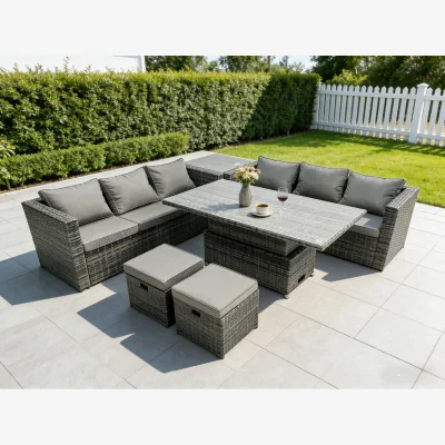 The Range 8 Seater Wicker Rattan Rising Table Set + Footstool + Extra Side Table