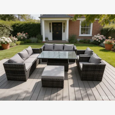 The Range 9 Seater Outdoor Rattan Garden Furniture Set Chairs Footstool - Dark Grey Mixed