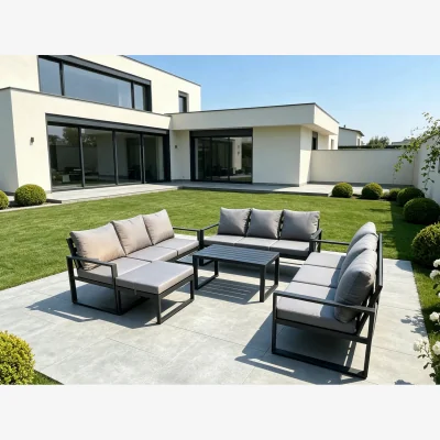 The Range Aluminium 10-Seater Lounge Sofa, Oblong Coffee Table, Big Footstool - Dark grey
