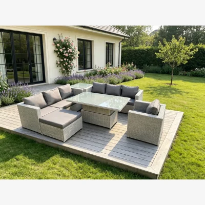 The Range Rattan Garden Funiture Set Side Coffee Tea Table Chair Footstool - Light Grey Mixed