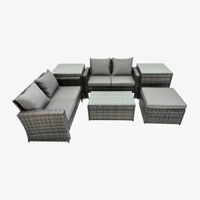 The Range Fimous PE Rattan Garden Set: 3 2-Seater Sofas, Tables & Footstool, Dark Grey - Dark grey mixed rattan with dark grey fabric