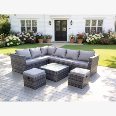 The Range 8 Seater Rattan Corner Sofa Set Square Coffee Table Footstools - Dark Grey Mixed