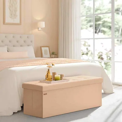 The Range Foldable Storage Ottoman Bench, Upholstered Foot Rest Stool with Hidden Storage, Apricot Orange - Apricot Orange