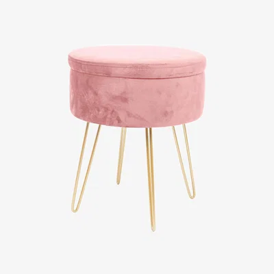 The Range 1x Round Velvet Storage Footstool - Gold Hairpin Legs - Pink